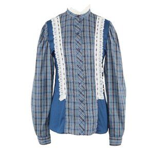 Sheplers VTG Sz 12 Blue Multi Plaid Lace Accent Poly Blend Button Front Top